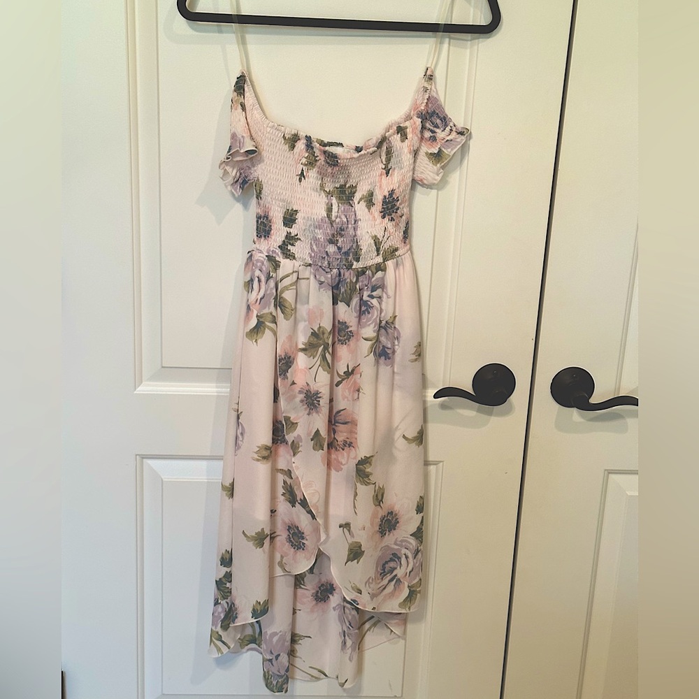 Big Girls Cold-Shoulder Floral- Printed Smocked-Bodice Chiffon Long  Dress